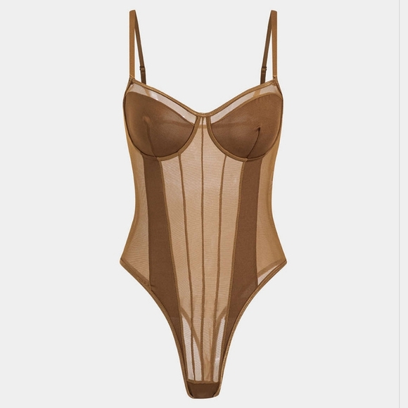 Micas Mesh Backless Sheer Patchwork Corset Slip Bodysuit Size Small - Picture 3 of 9